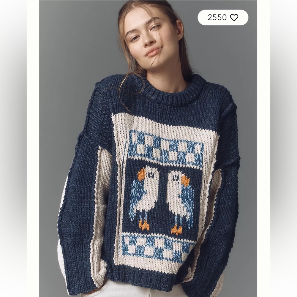 Anthropologie Pilcro Chunky Crew-Neck Sweater medium Blue Motif